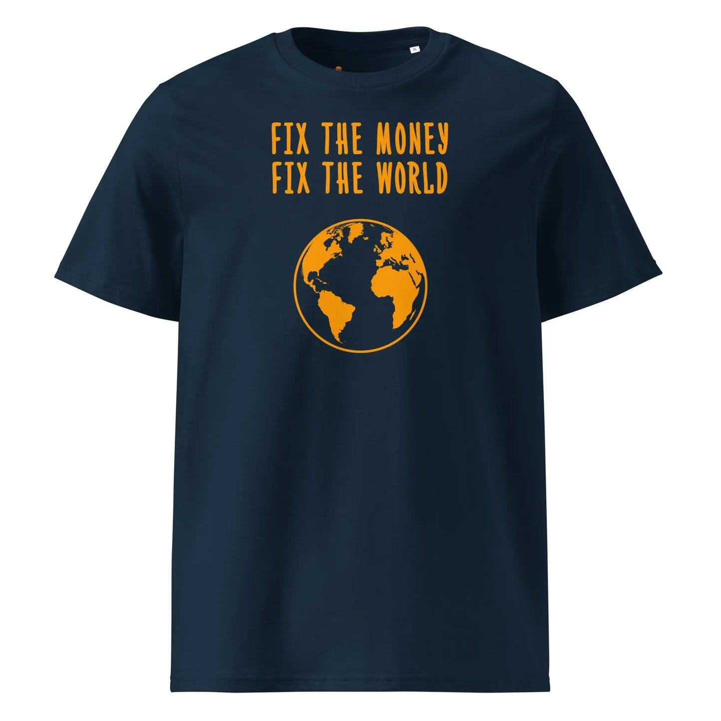 Bitcoin T-Shirt – Fix The Money Fix The World -  front view - navy blue