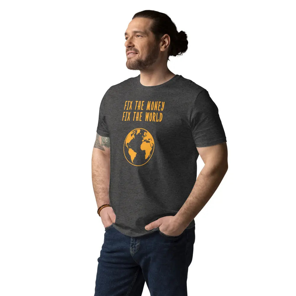 Bitcoin T-Shirt – Fix The Money Fix The World - worn on male model — grey