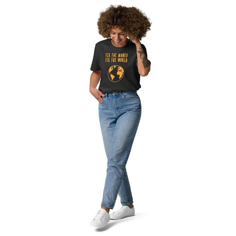 Bitcoin T-Shirt – Fix The Money Fix The World - worn on female model — grey