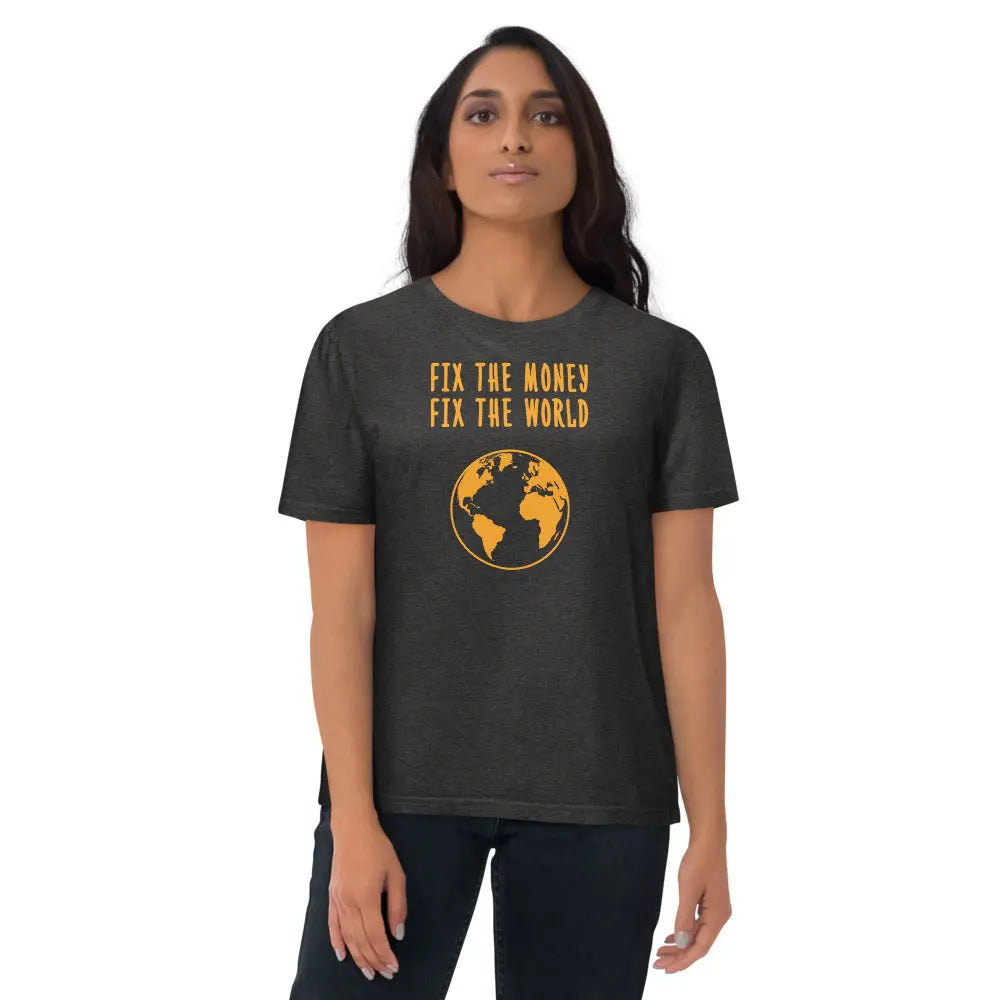 Bitcoin T-Shirt – Fix The Money Fix The World - worn on model — grey