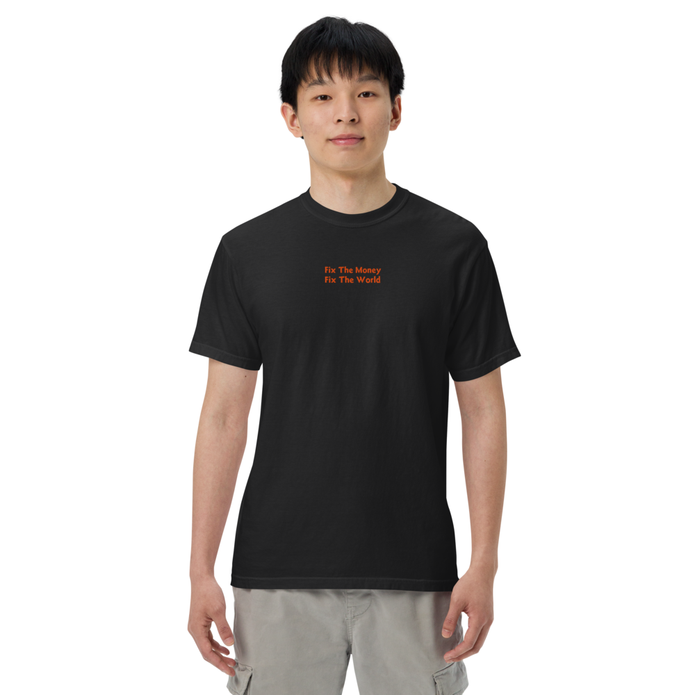 bitcoin t-shirt - fix the money fix the world - worn on model - black