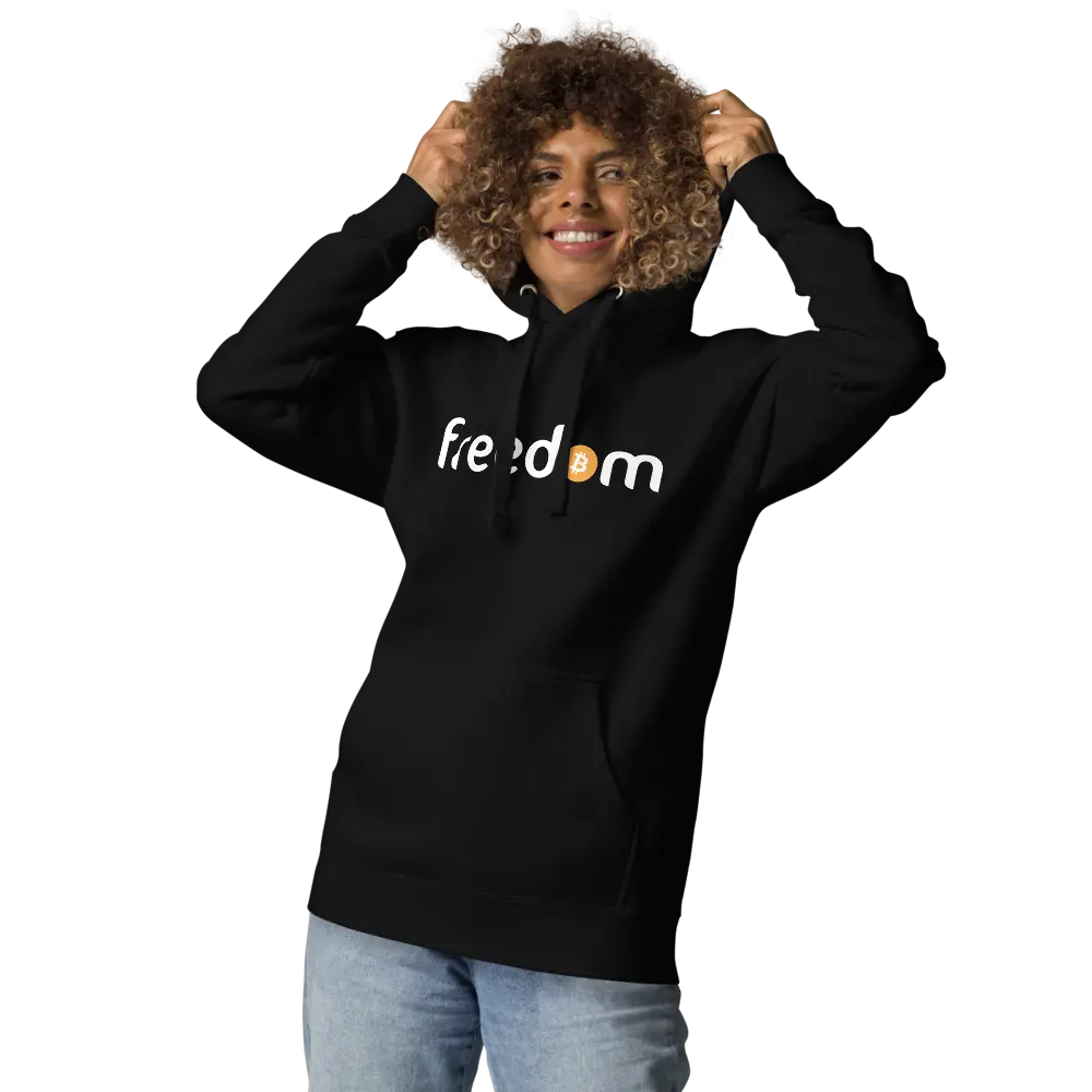 bitcoin hoodie - freedom - worn by female model