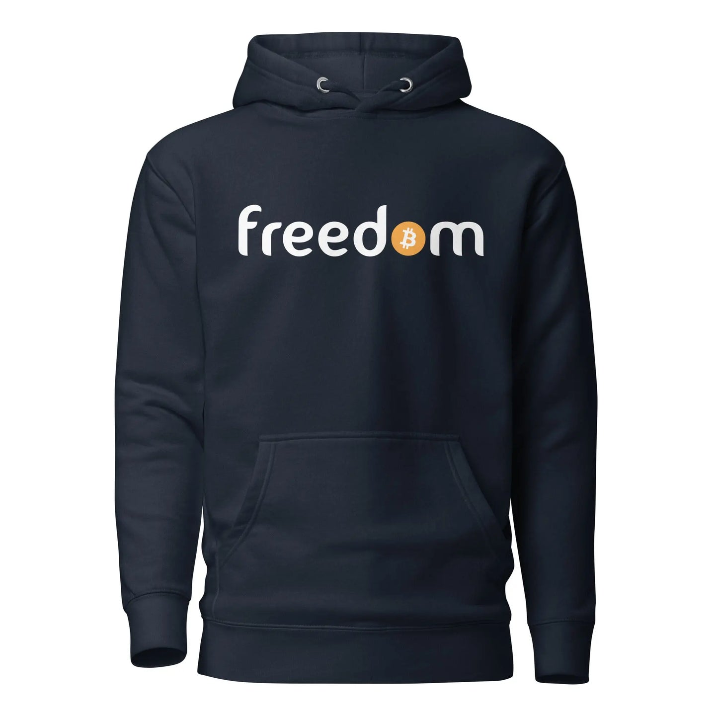 bitcoin hoodie - freedom - front view - navy blue
