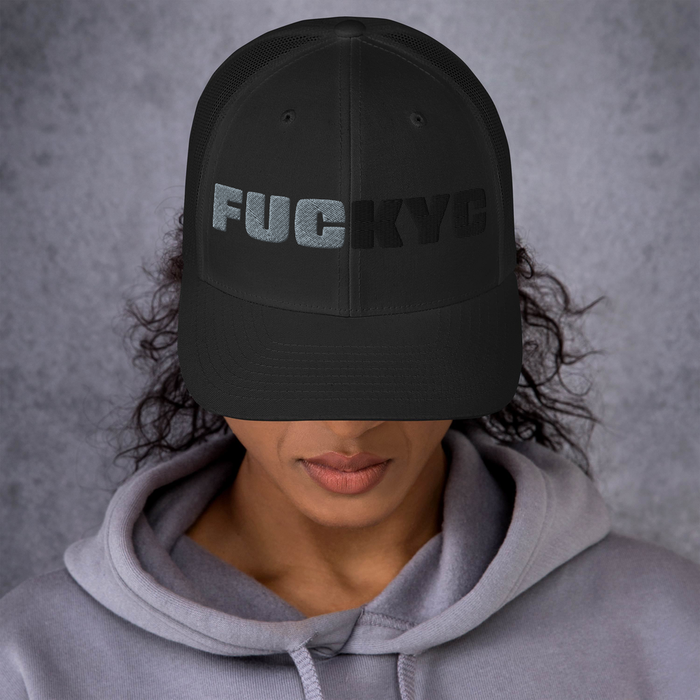 fuckyc bitcoin hat worn on model black
