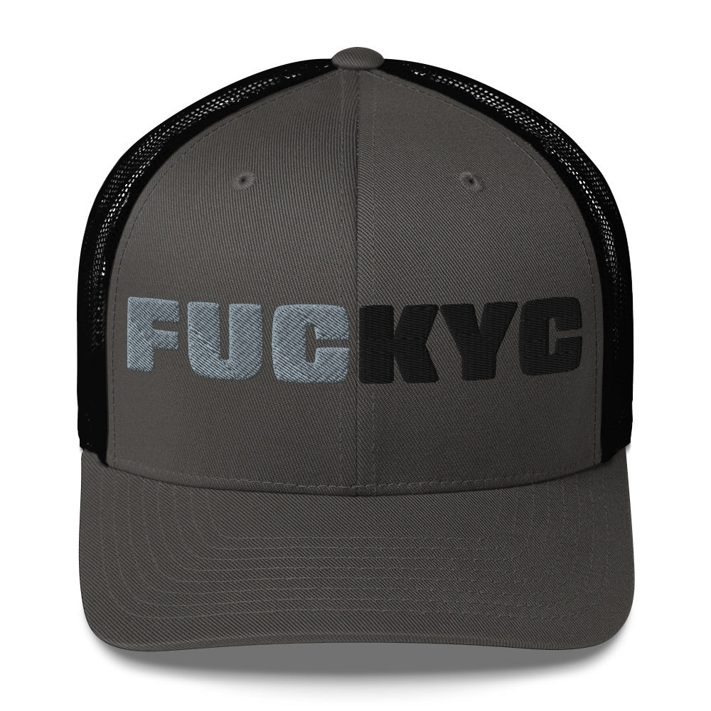 fuckyc bitcoin trucker hat front view charcoal black