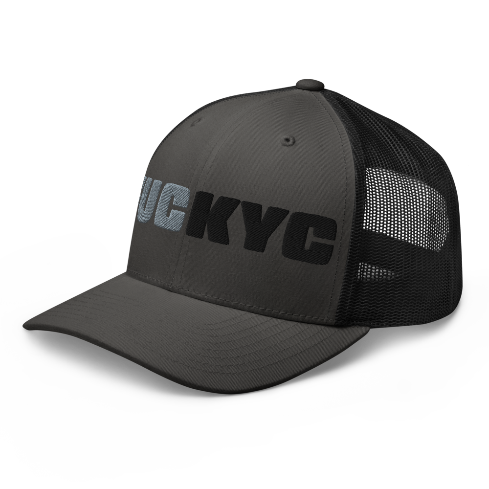 fuckyc bitcoin trucker hat front view charcoal black