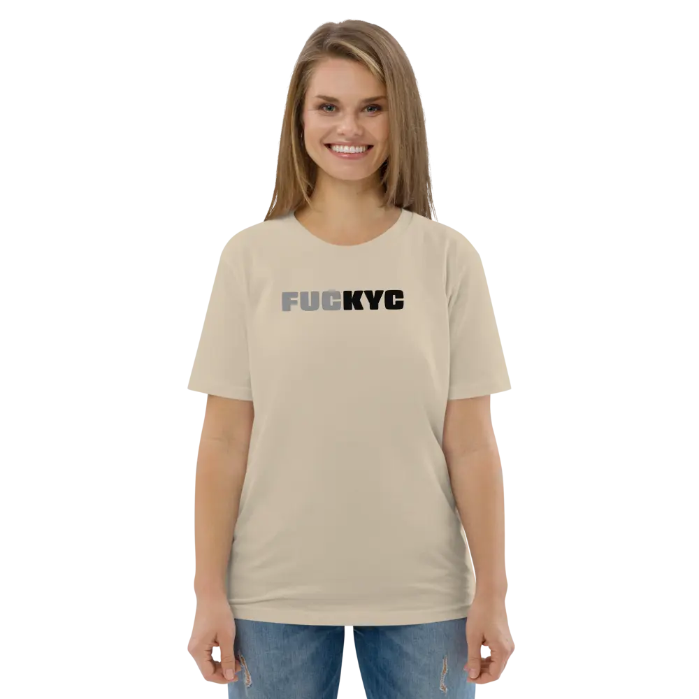 FUCKYC T-Shirt – By BitPopArt | Store of Value — worn on female model