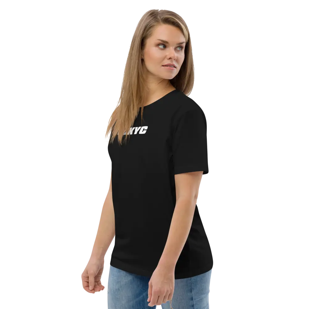 FUCKYC T-shirt – By BitPopArt | Store of Value — worn on female model