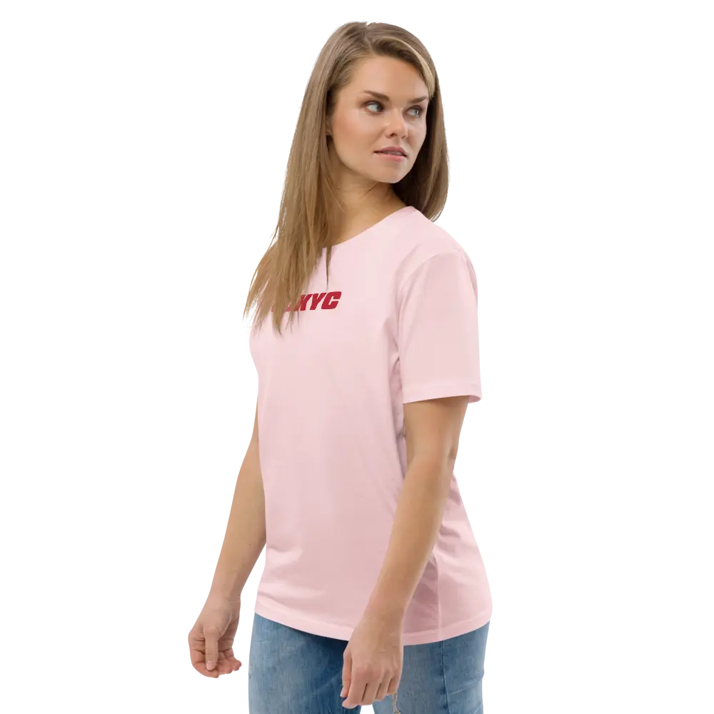 FUCKYC T-Shirt – By BitPopArt | Store of Value — worn on model - pink color - female