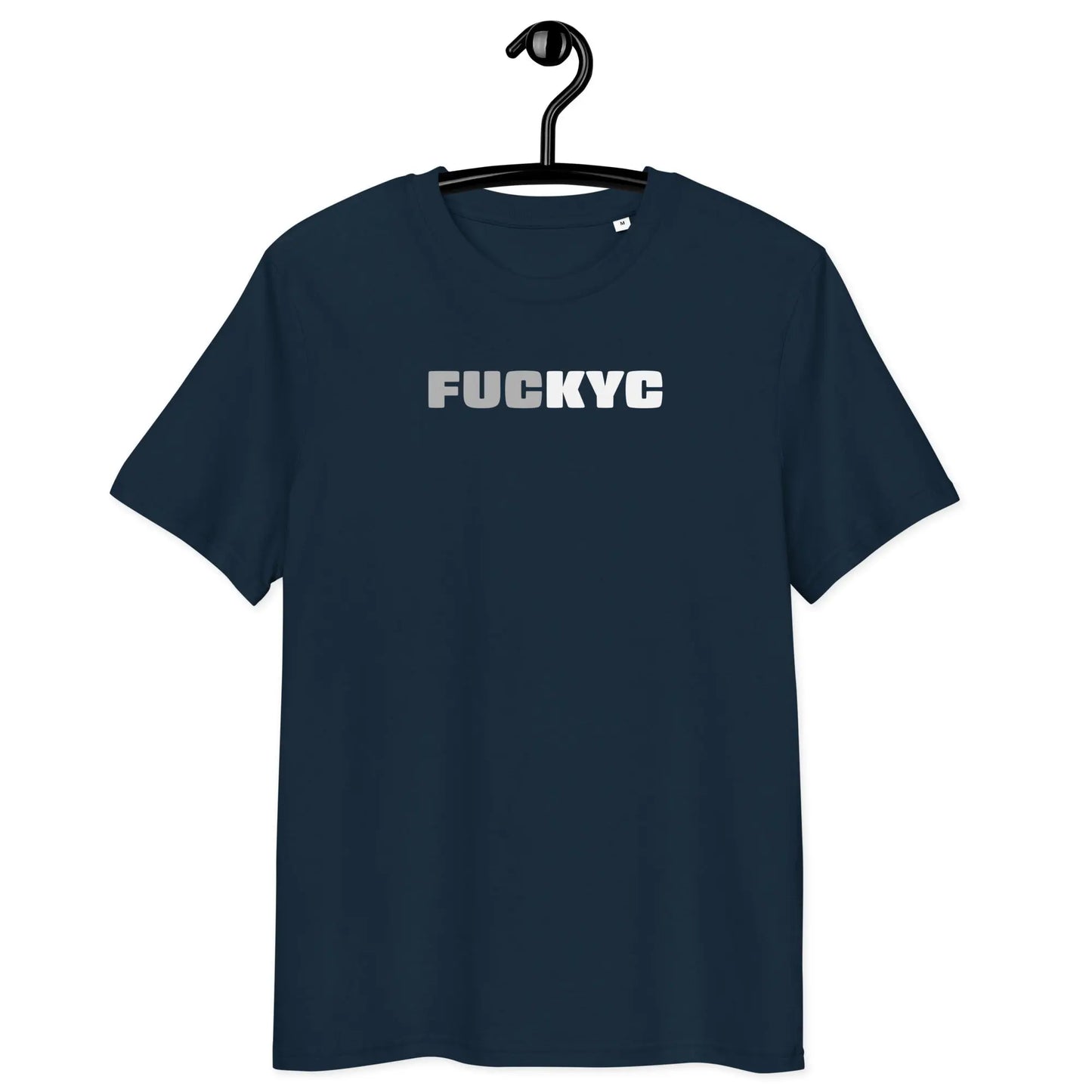FUCKYC T-shirt – By BitPopArt | Store of Value — on hanger - blue color