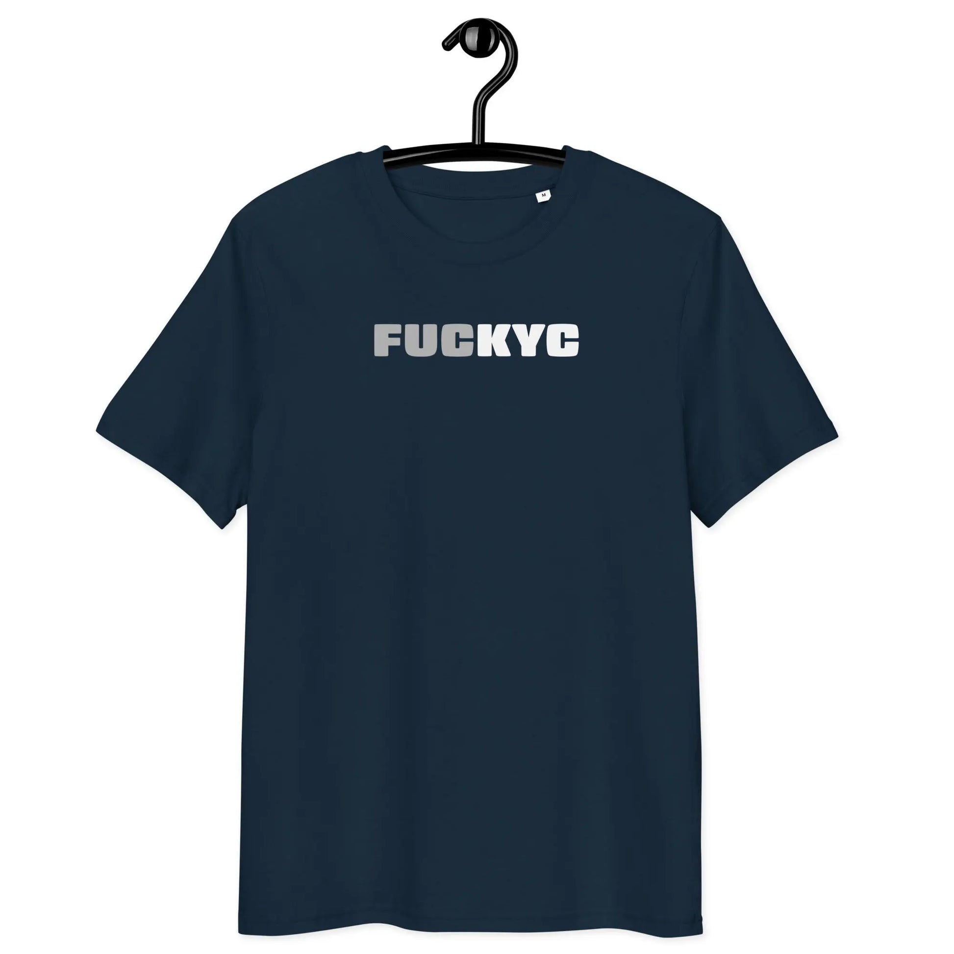FUCKYC T-shirt – By BitPopArt | Store of Value — on hanger - blue color