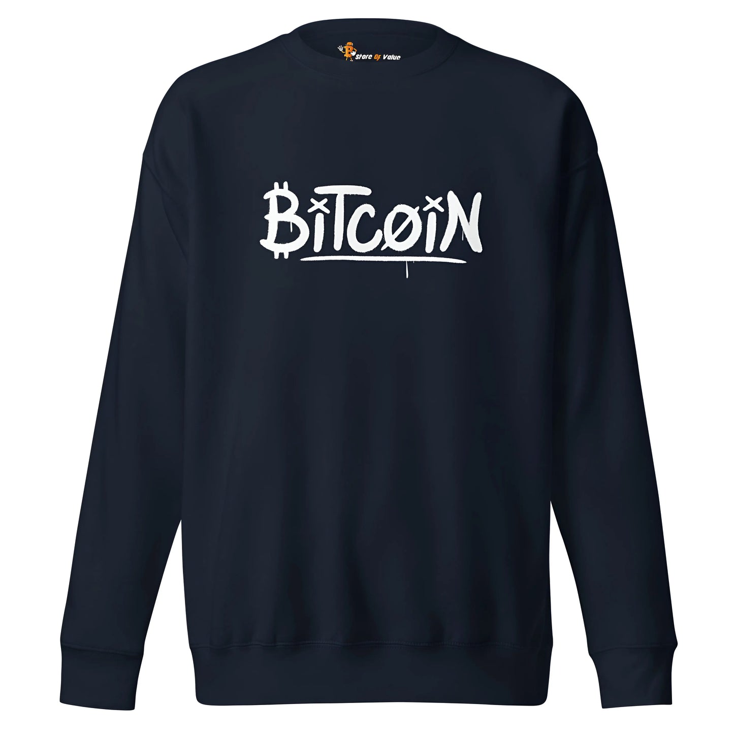 bitcoin sweatshirt - graffiti street art bitcoin - front view - navy blue color