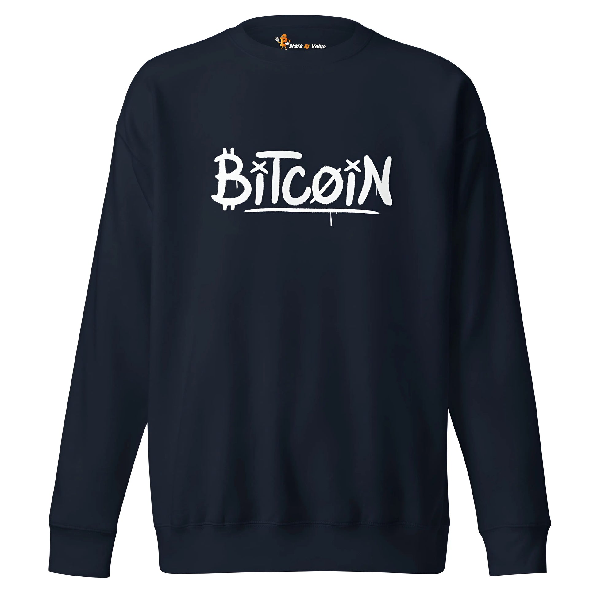 bitcoin sweatshirt - graffiti street art bitcoin - front view - navy blue color