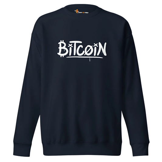 bitcoin sweatshirt - graffiti street art bitcoin - front view - navy blue color