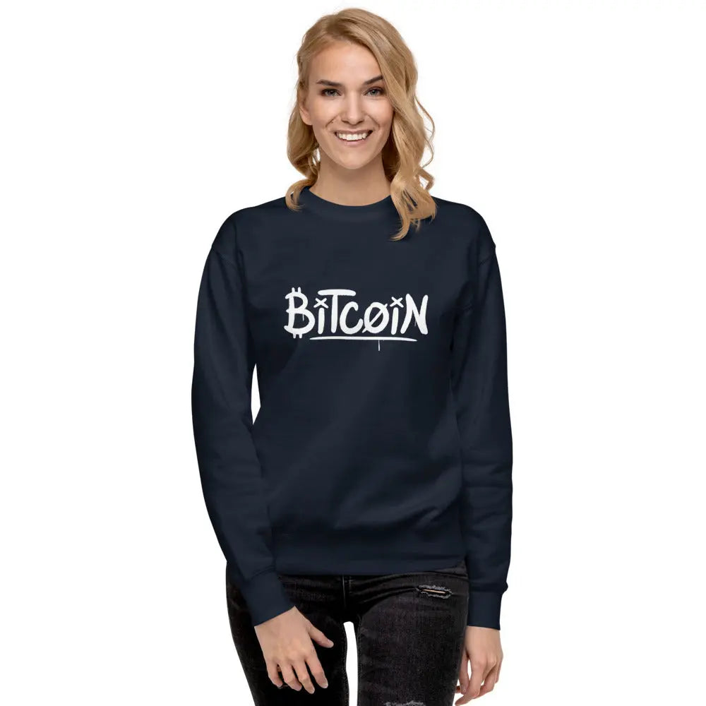 bitcoin sweatshirt - graffiti street art bitcoin - worn by female - navy blue color