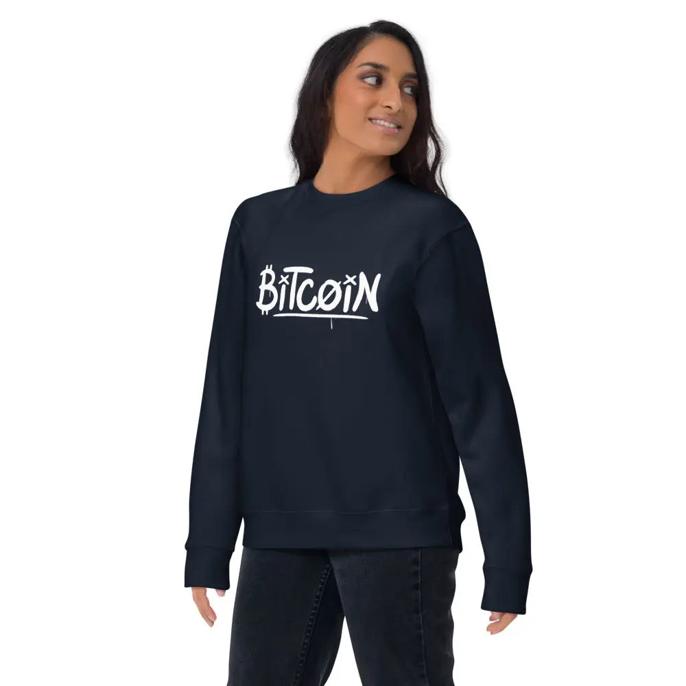 bitcoin sweatshirt - graffiti street art bitcoin - worn by female - navy blue