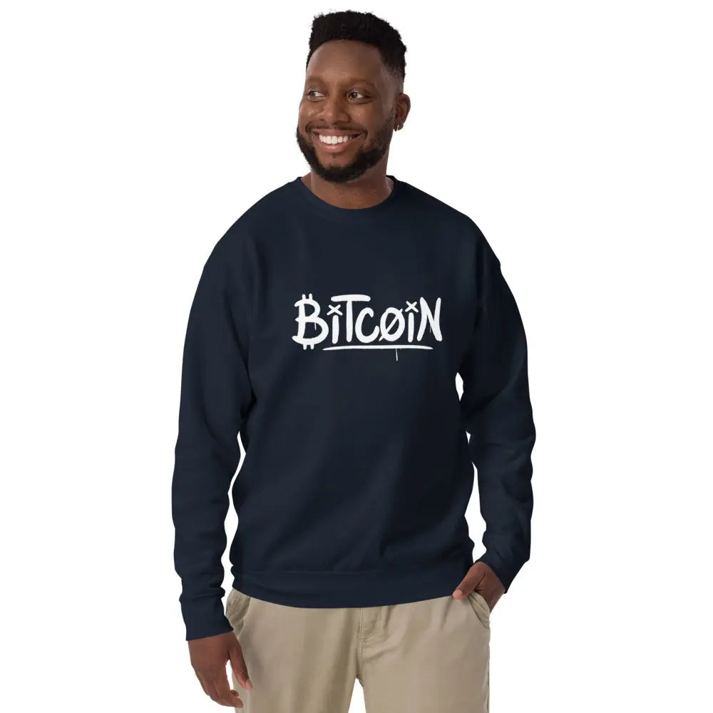 bitcoin sweatshirt - graffiti street art bitcoin - worn by male - navy blue color