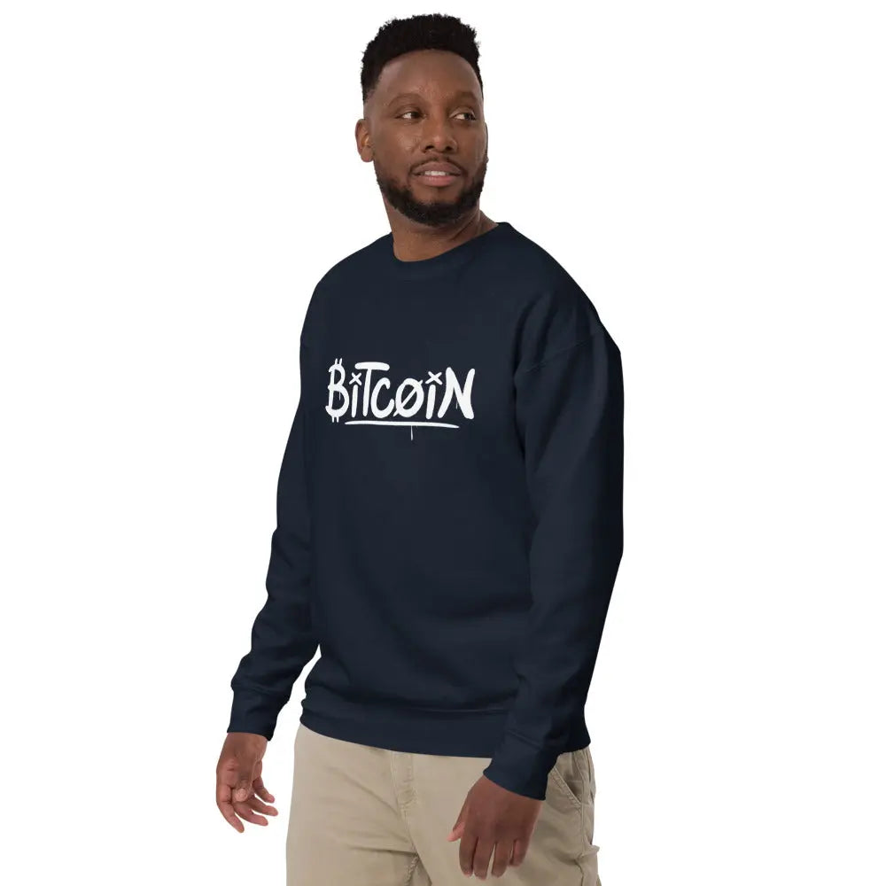 bitcoin sweatshirt - graffiti street art bitcoin - worn by male - navy blue color