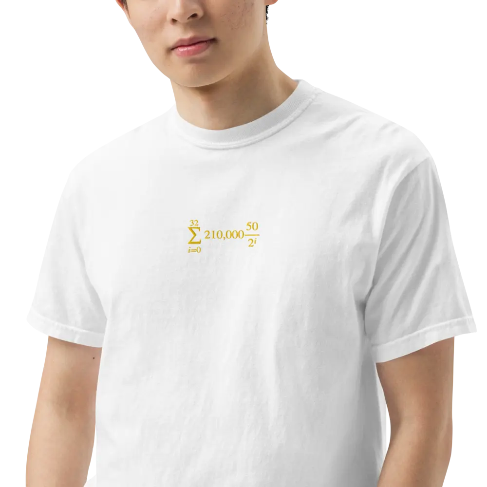 Bitcoin T-Shirt – Halving Cycle Formula | Store of Value — gold embroidery close-up-white