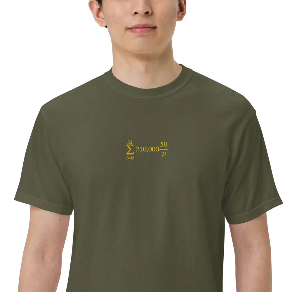 Bitcoin T-Shirt – Halving Cycle Formula | Store of Value — gold embroidery close-up