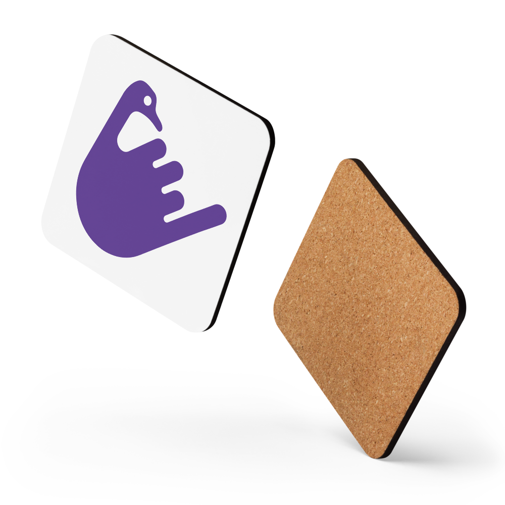 Close-up of Hang Loose Nostr cork coaster by BitPopArt