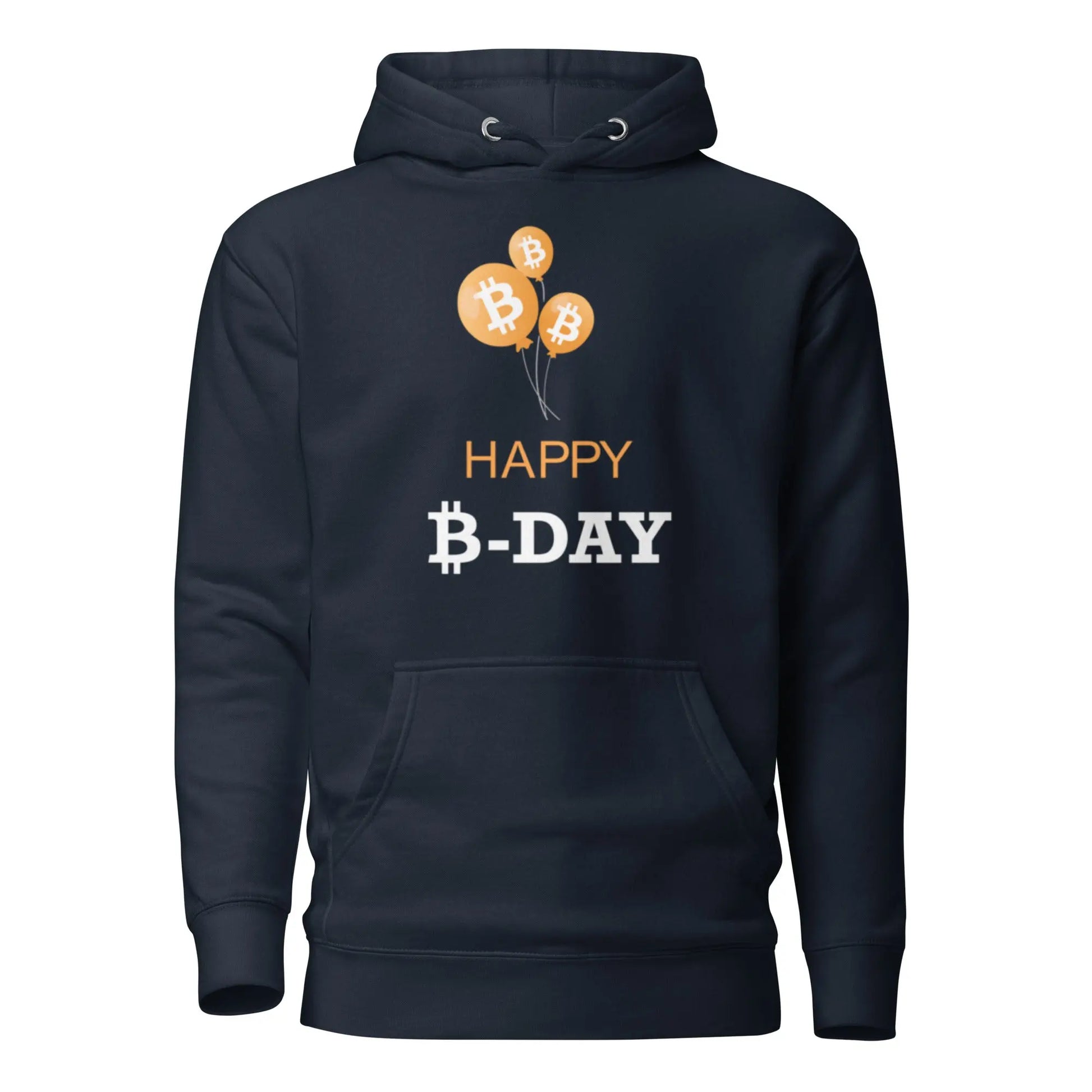 bitcoin hoodie - happy b day - front view - navy blue