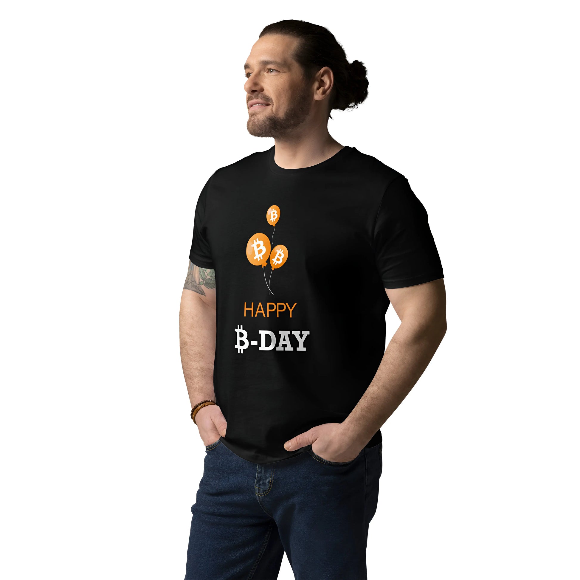 bitcoin t-shirt - happy B-day - worn on male model - black