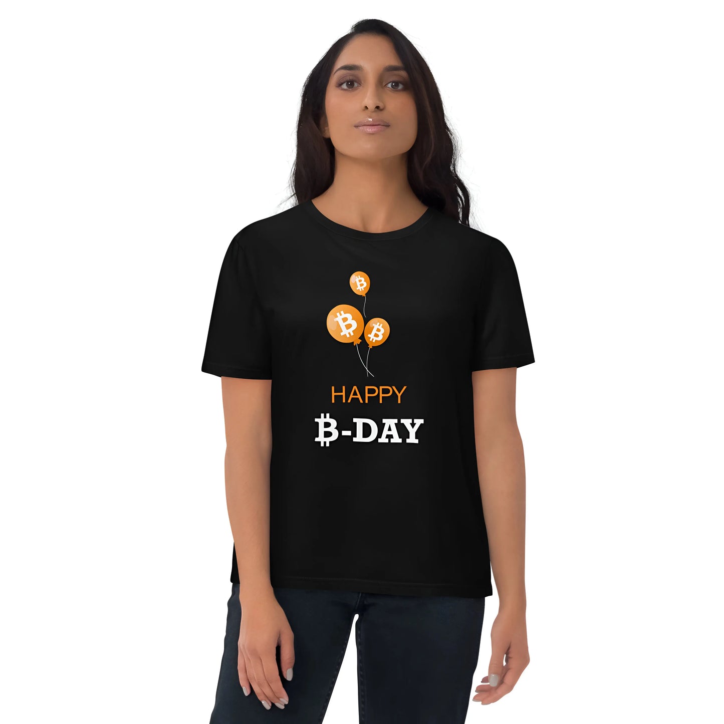 bitcoin t-shirt - happy B-day - worn on model - black