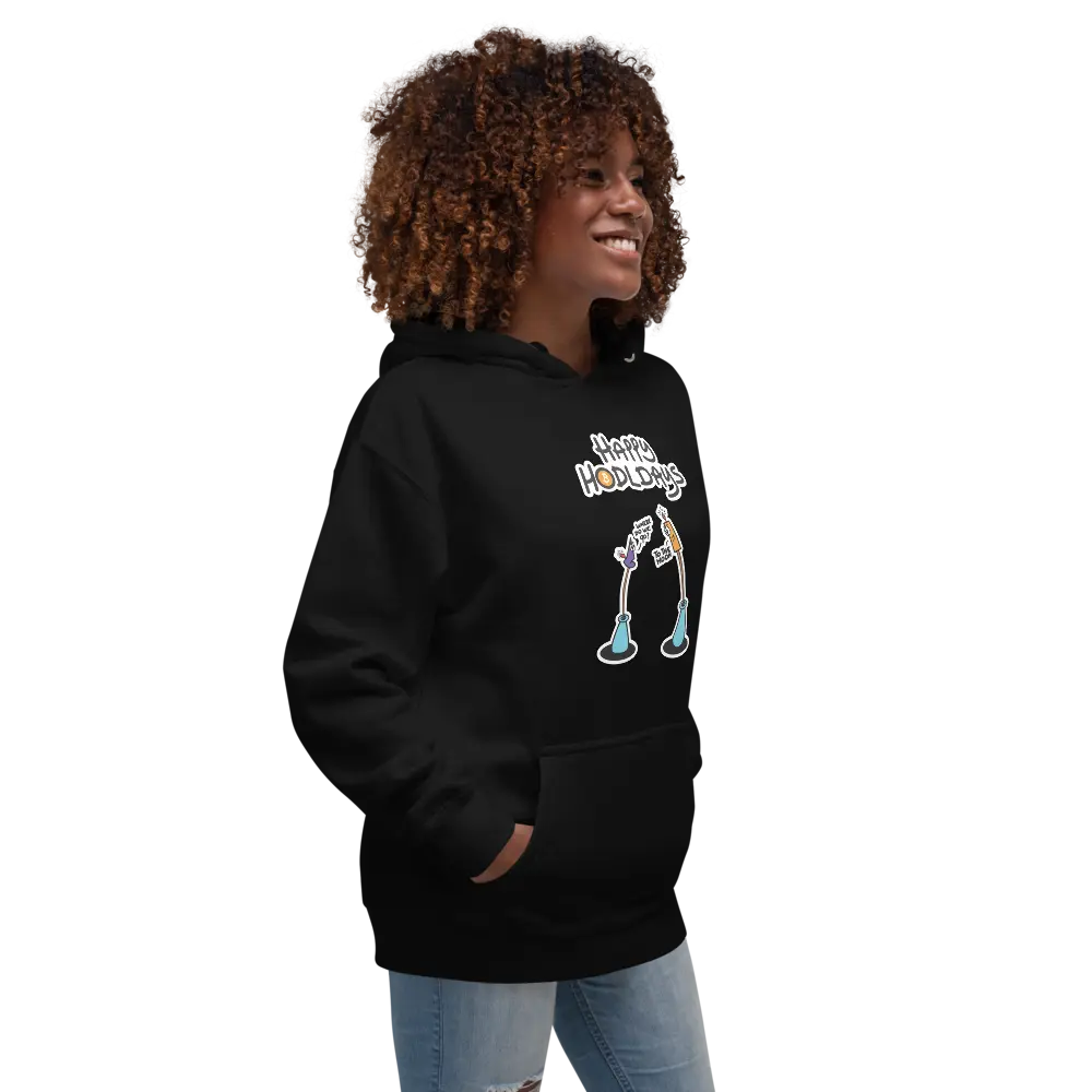 bitcoin hoodie - happy hodldays - worn on female model - black