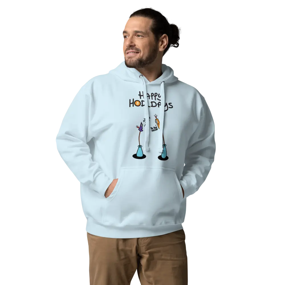 bitcoin hoodie - happy hodldays - worn on male model - sky blue