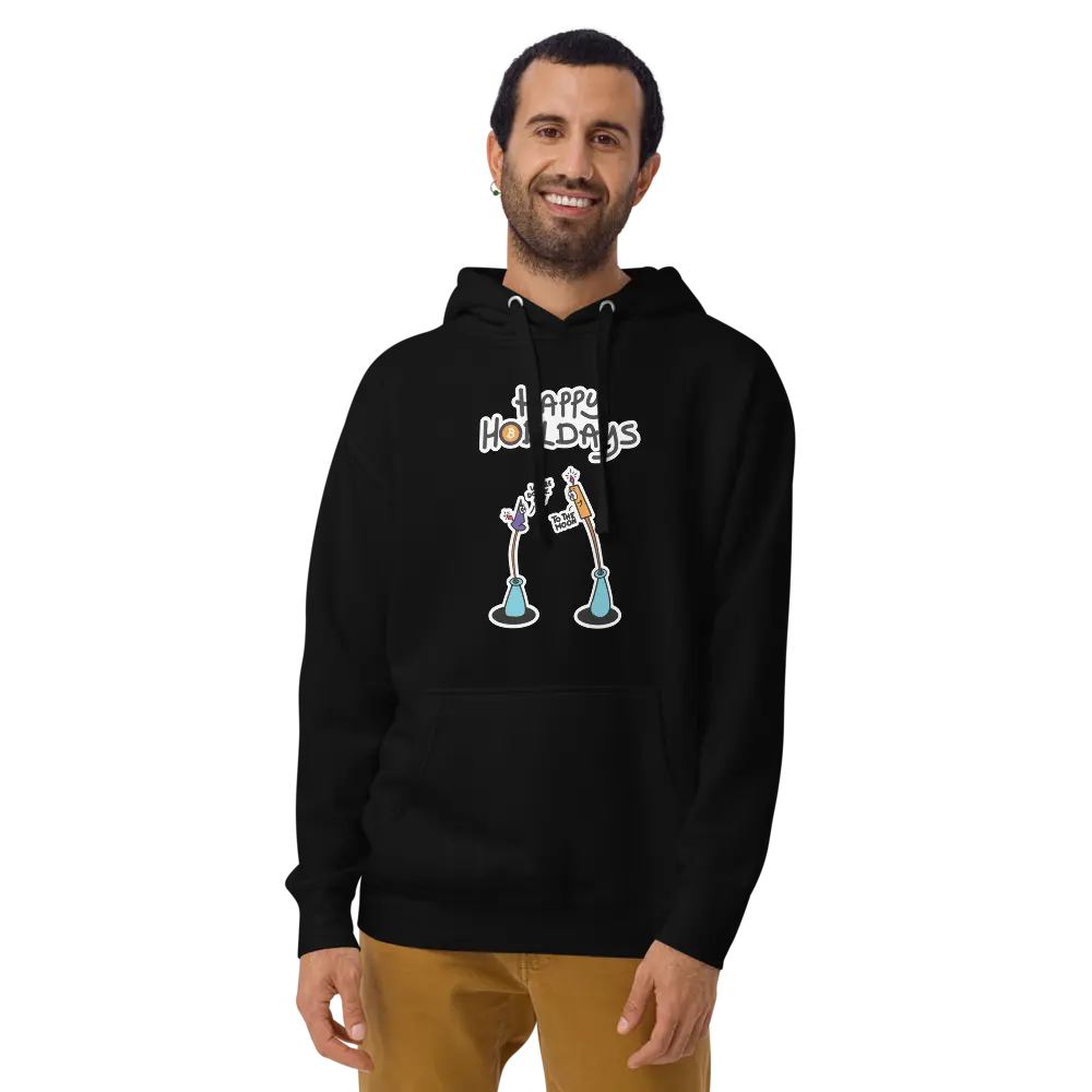 bitcoin hoodie - happy hodldays - worn on model - black