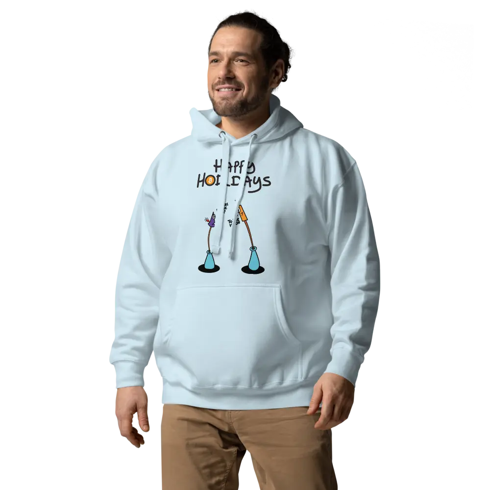 bitcoin hoodie - happy hodldays - worn on model - male - sky blue