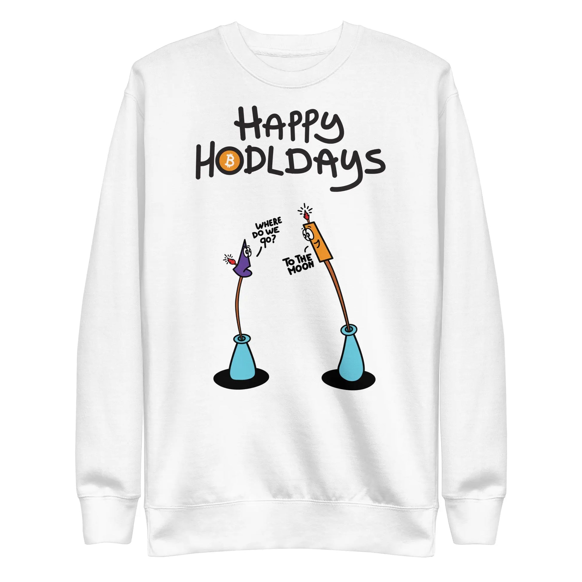 bitcoin sweatshirt - happy hodldays by bitpopart - front view - white color