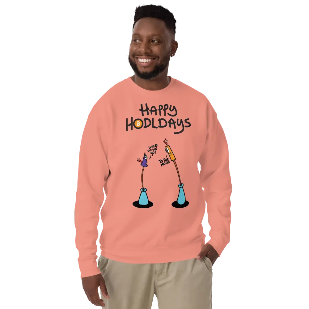 bitcoin sweatshirt - happy hodldays by bitpopart - front view - worn - male - rose