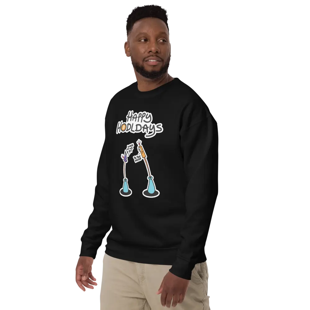 bitcoin sweatshirt - happy hodldays by bitpopart - worn by male