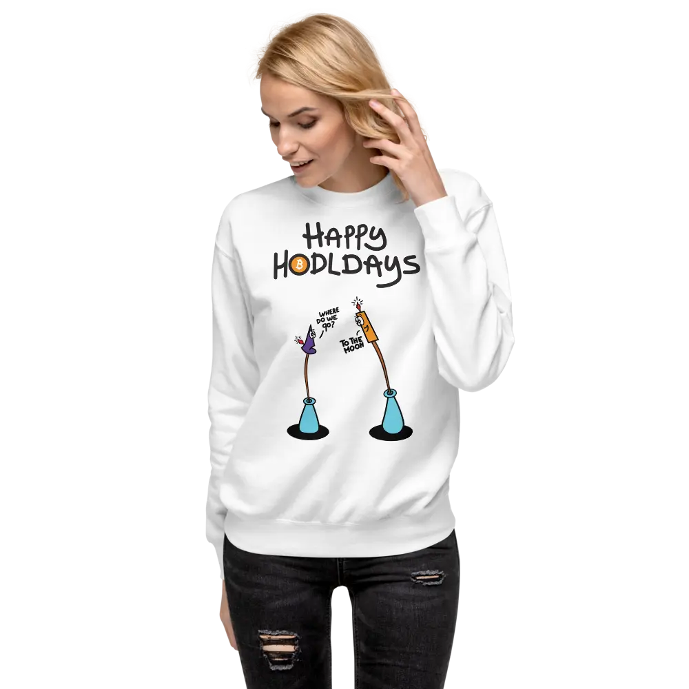 bitcoin sweatshirt - happy hodldays by bitpopart - worn by female - white color