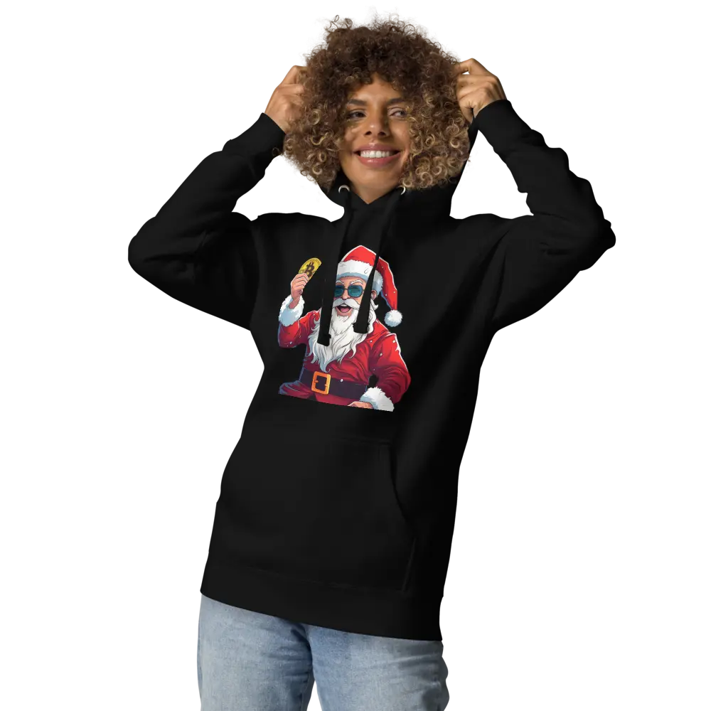 bitcoin hoodie - happy santa - worn on model - black