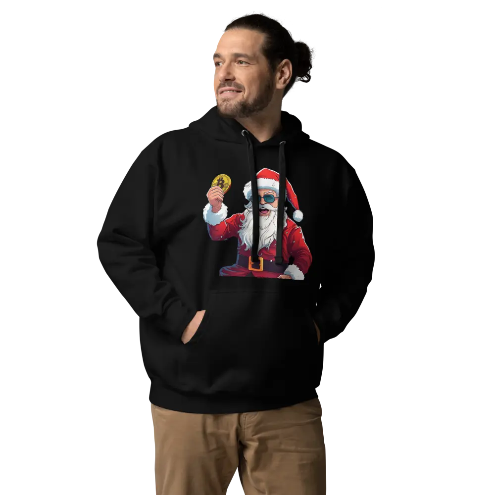 bitcoin hoodie - happy santa - worn on model 