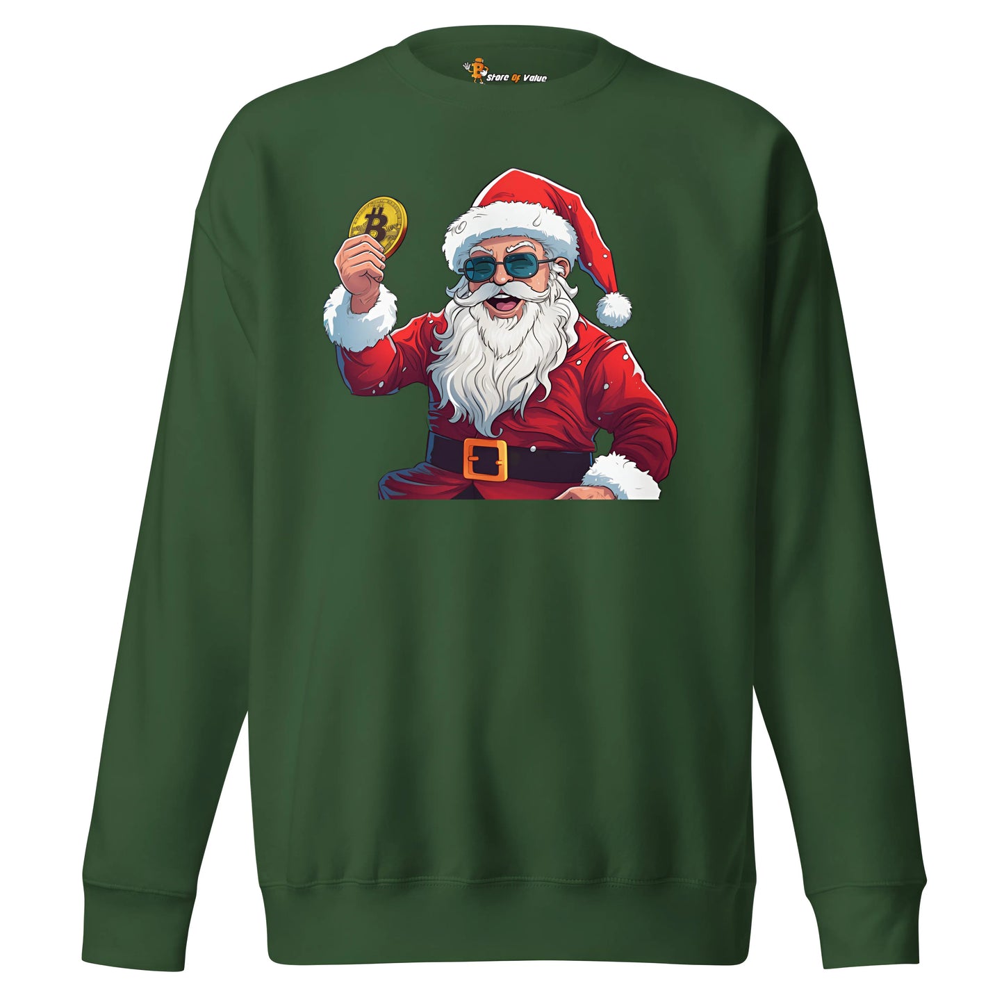 bitcoin sweatshirt - happy santa - front view - green