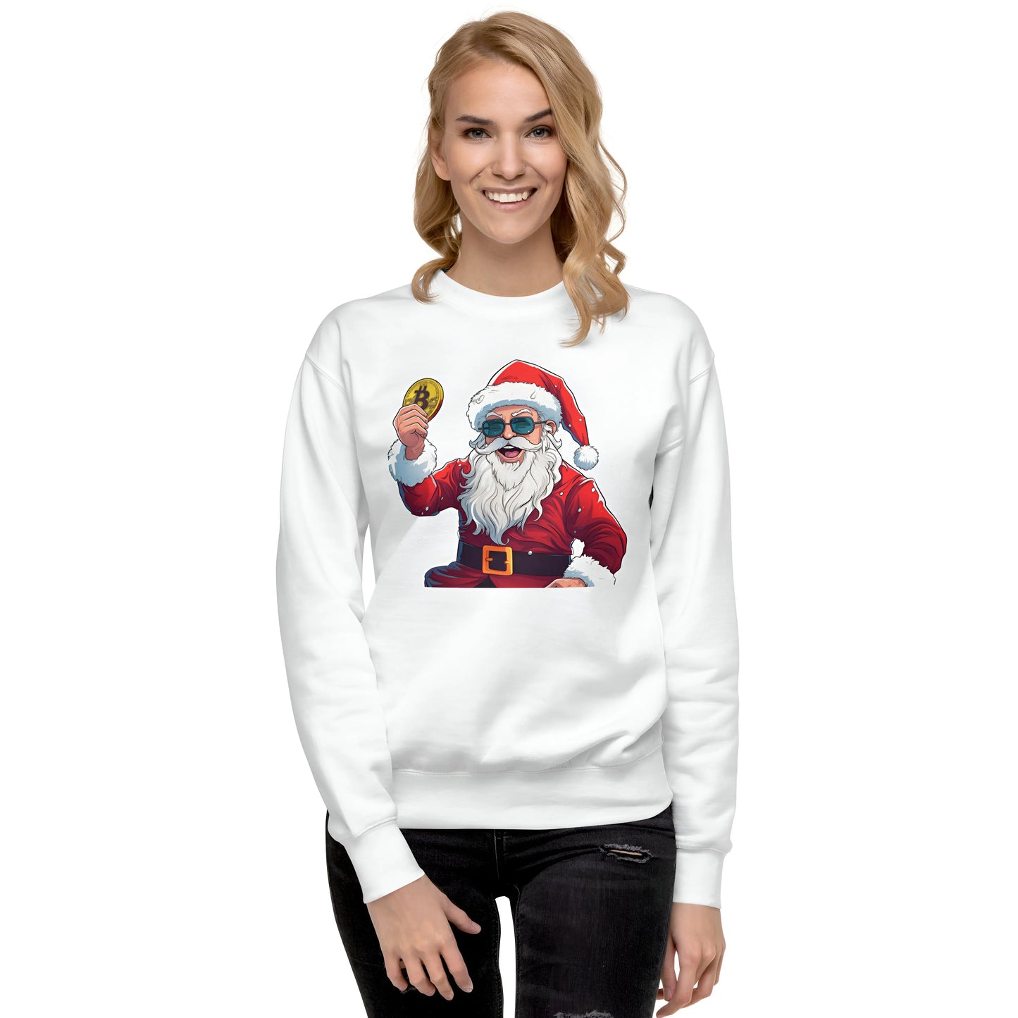 bitcoin sweatshirt - happy santa - worn by female - white color