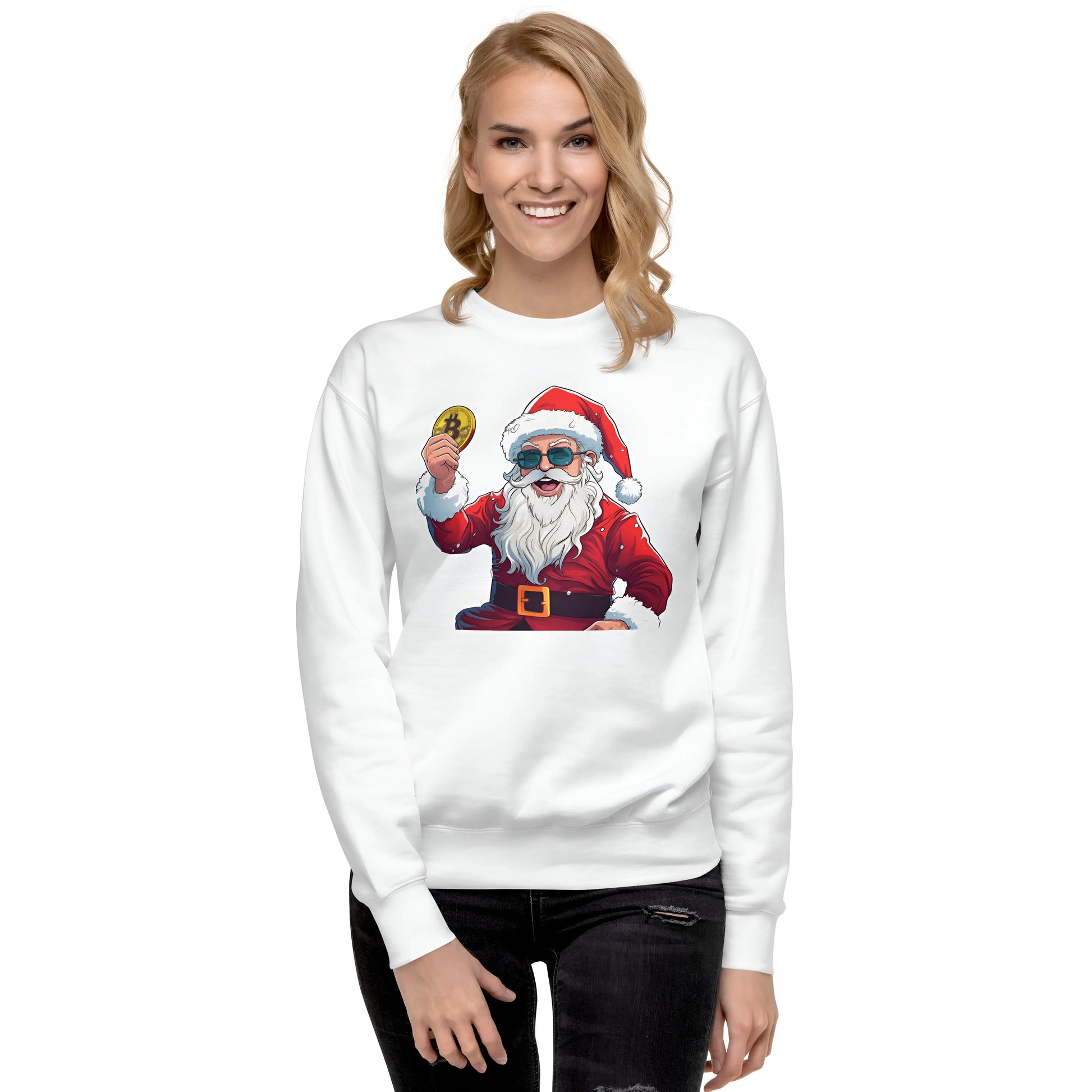 bitcoin sweatshirt - happy santa - worn by female - white color