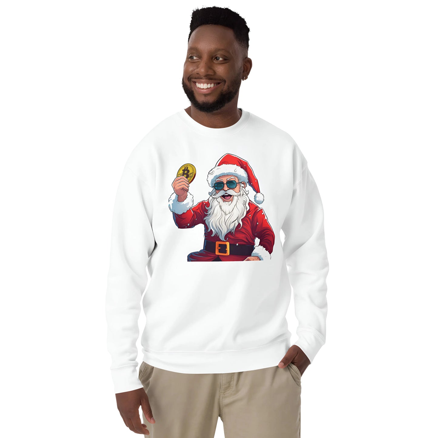 bitcoin sweatshirt - happy santa - worn by male - white color