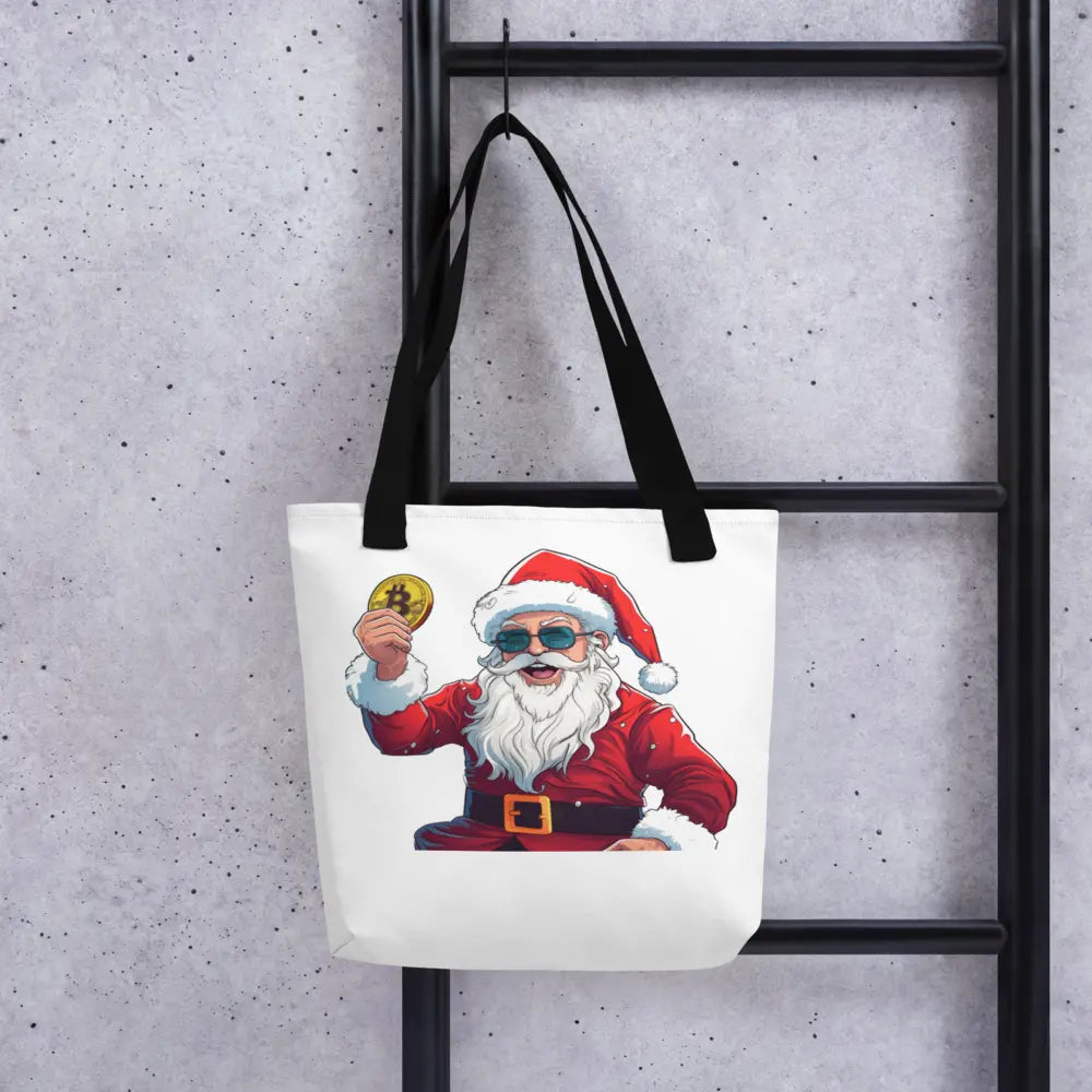 bitcoin tote bag - happy santa - close-up view 