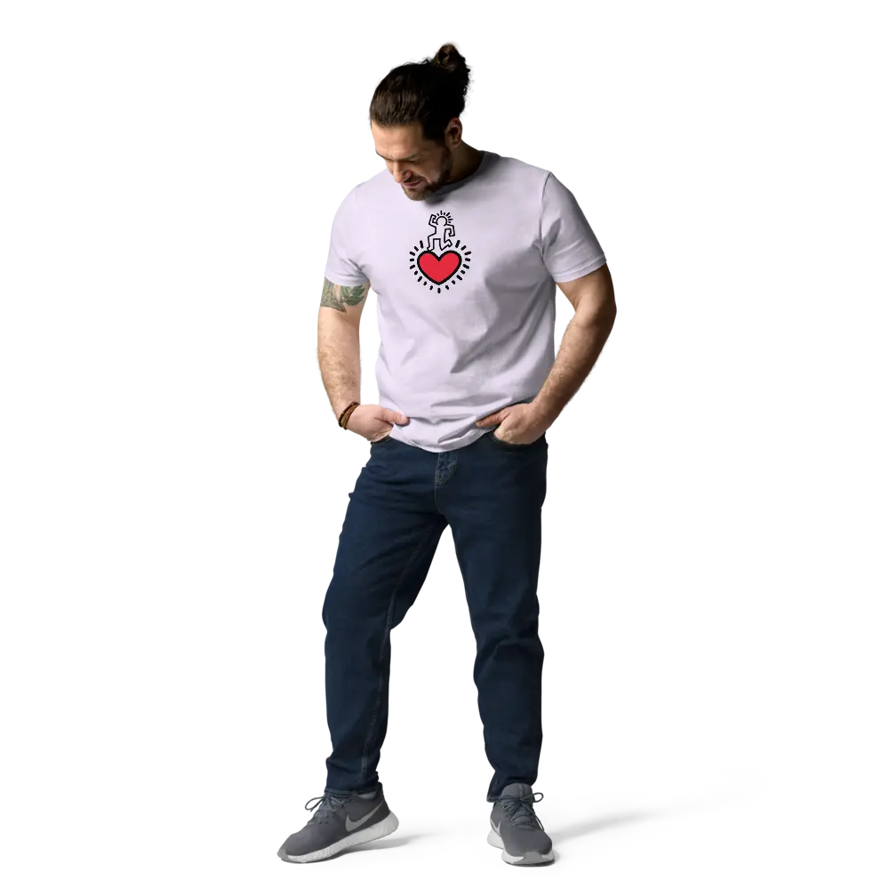 heart dance t-shirt - front view - worn by male model - lavender
