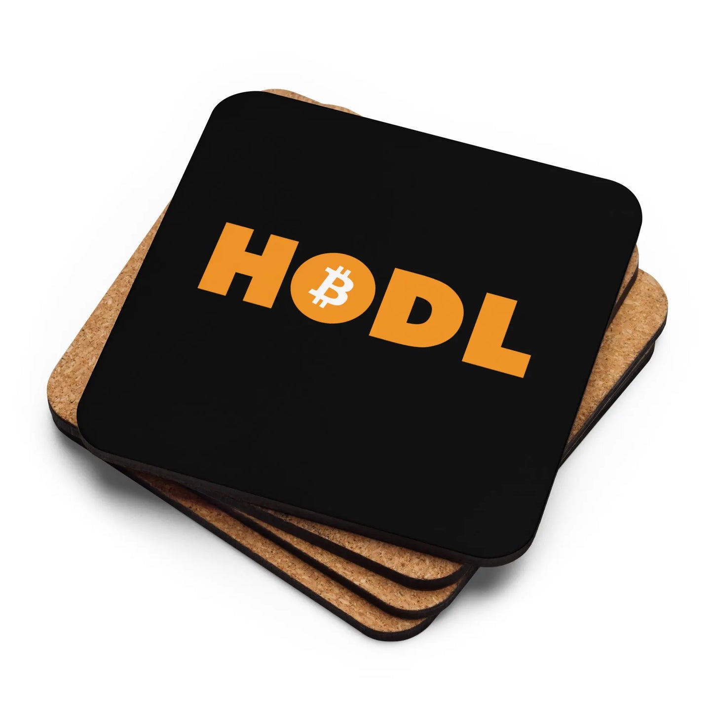 Stack of HODL Bitcoin coasters showing cork backing