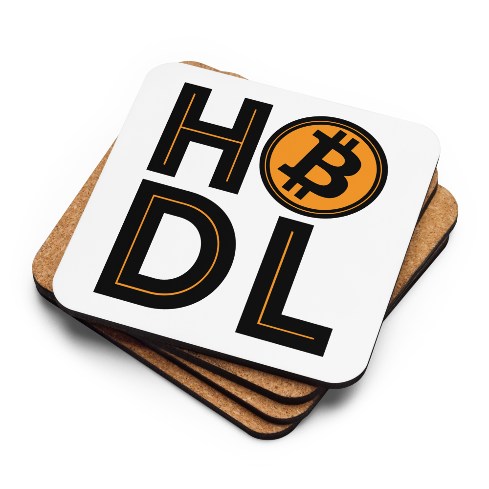HODL Bitcoin coaster stack — cork backs + face up