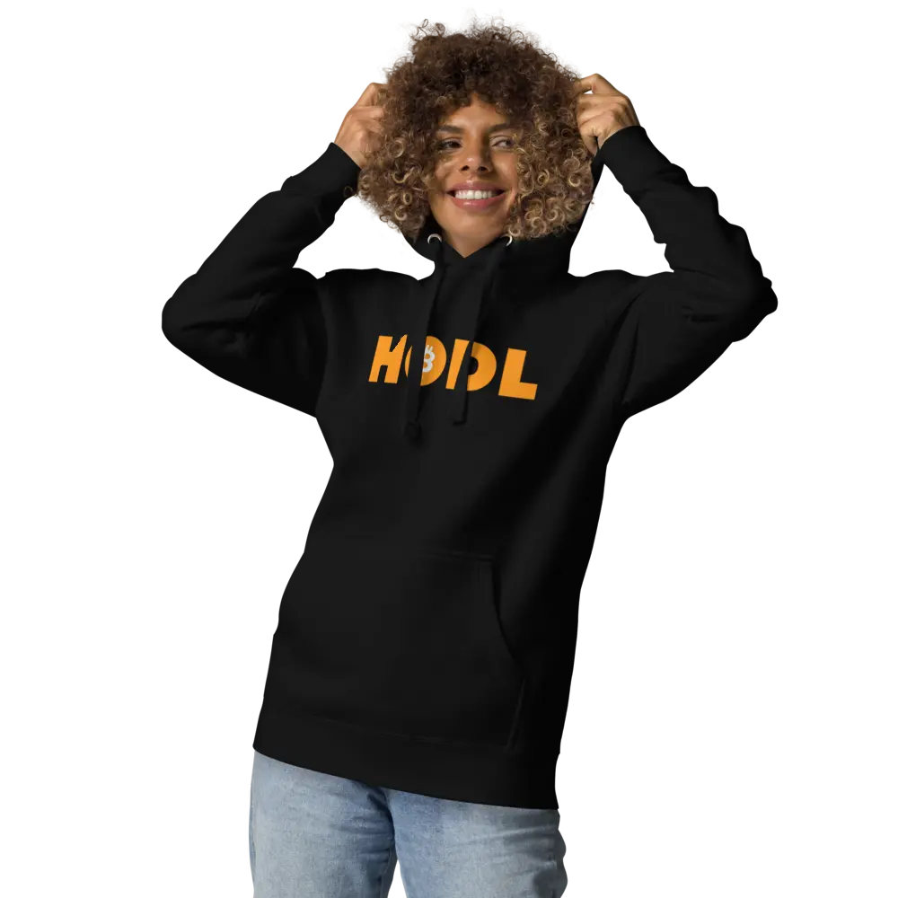 bitcoin hoodie - hodl - worn by female model