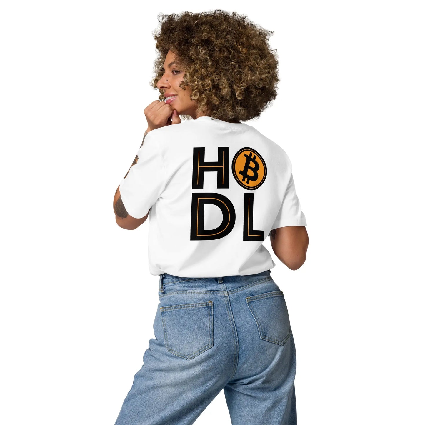 HODL Bitcoin T-Shirt worn by female model back view showing HODL print - white