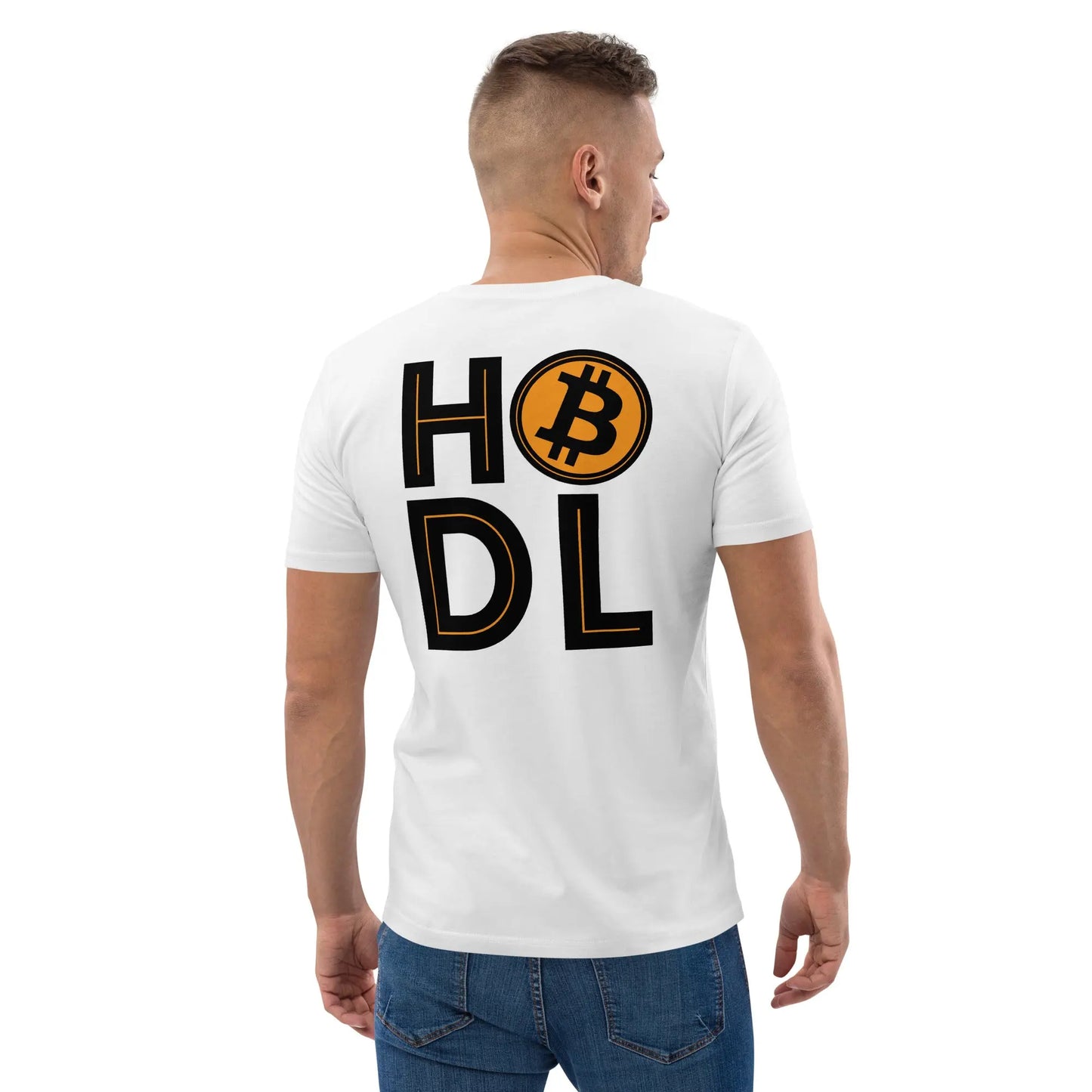 HODL Bitcoin T-Shirt worn by model back view showing HODL print - white