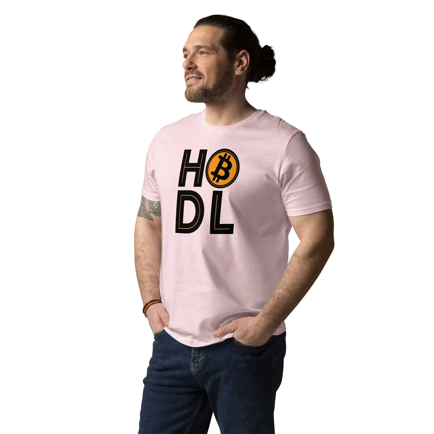 HODL Bitcoin T-Shirt - worn on male model - pink